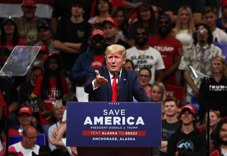 Former President Trump Campaigns With House Candidate Sarah Palin And Senate Candidate Kelly Tshibaka In Anchorage, Alaska