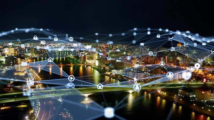 Smart city and communication network concept. 5G. IoT (Internet of Things). Telecommunication.
