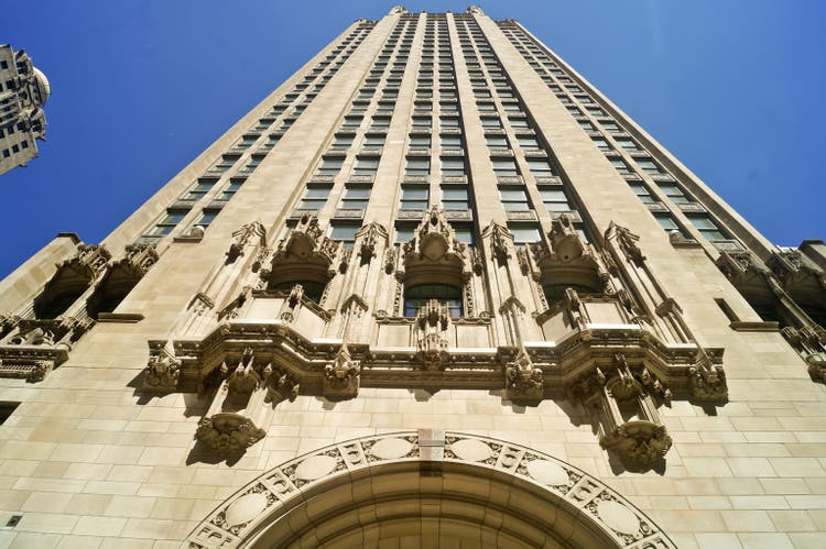View of Tribune Tower in Chicago, Illinois, United States.