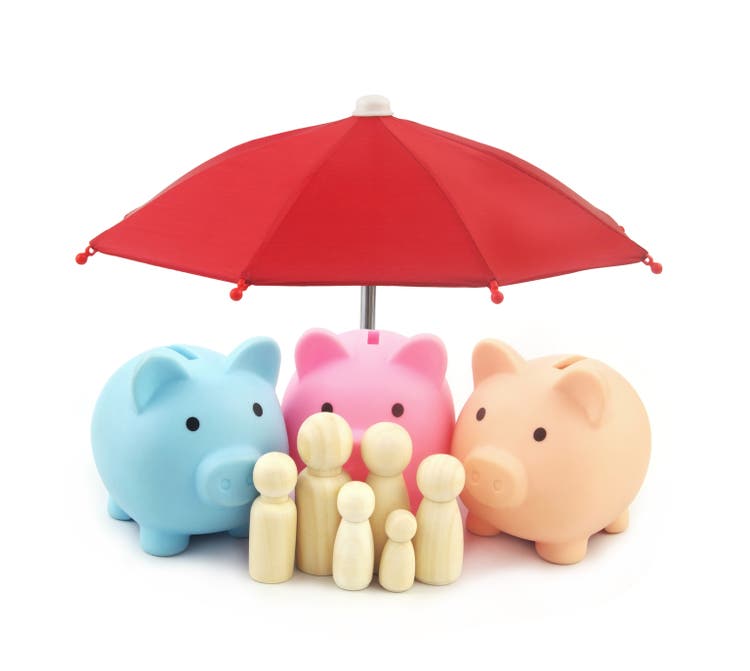 Piggy banks with people figures under red umbrella isolated on white background.