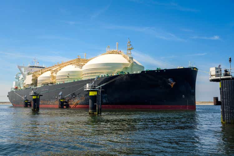 Large liquefied natural gas carrier ship in harbour