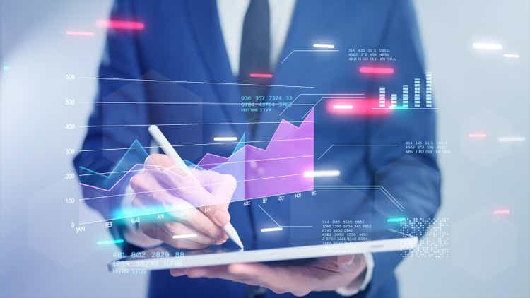 Business finance data analytics graph chart report, man using mobile tablet searching investment data digital GDP marketing KPI sale report, financial management technology, virtual screen metaverse.