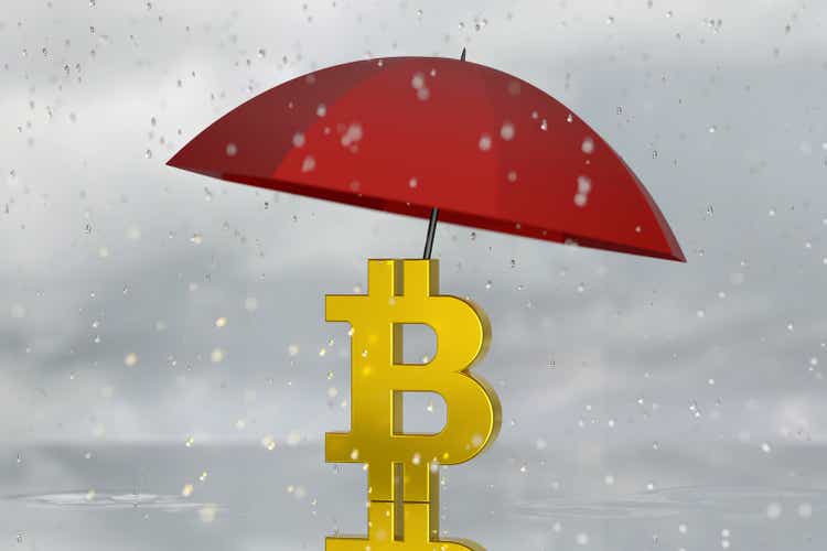 Umbrella protects Bitcoin icon from rain