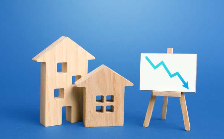 Figurines of houses and down arrow chart negative trend easel. Big promotions and discounts on home sales. Special purchase offers. Low demand for real estate and housing, economic downturn recession.