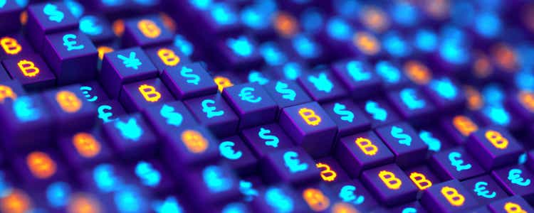 Futuristic currency background. Bitcoin, dollar, euro, pound and yen signs glowing in cubes shape background. Transformation from traditional money to digital cryptocurrency concept.