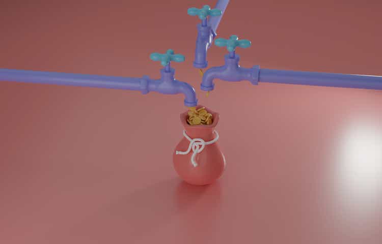 Multiple streams of income for building wealth, money coins flow out from pipe into money bag, 3D render illustration.