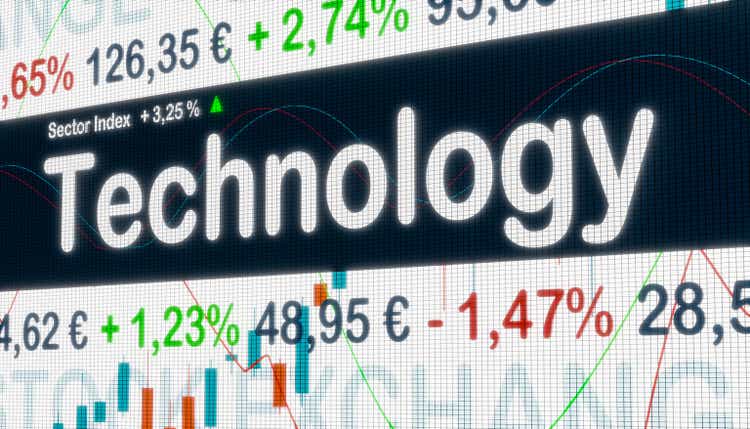 Technology sector, stock exchange monitor with index information.