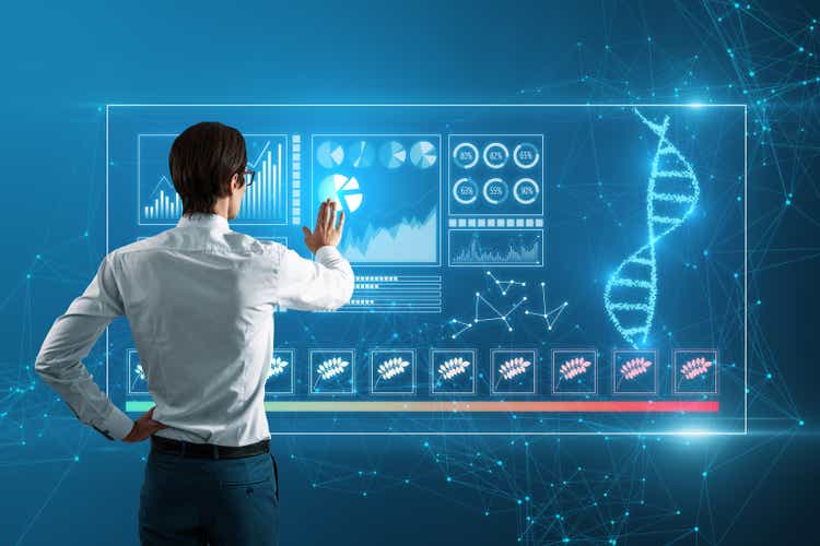 Science biology gene modifying concept. Back view of thoughtful young caucasian businessman using holographic projection. Futuristic medicine research gene therapy health analysis laboratory chemistry illustration. Hologram on blurry blue background.
