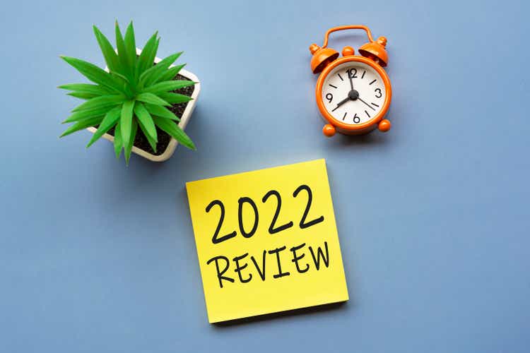 2022 Review written on Adhesive Note with alarm clock set at 8 o"clock.