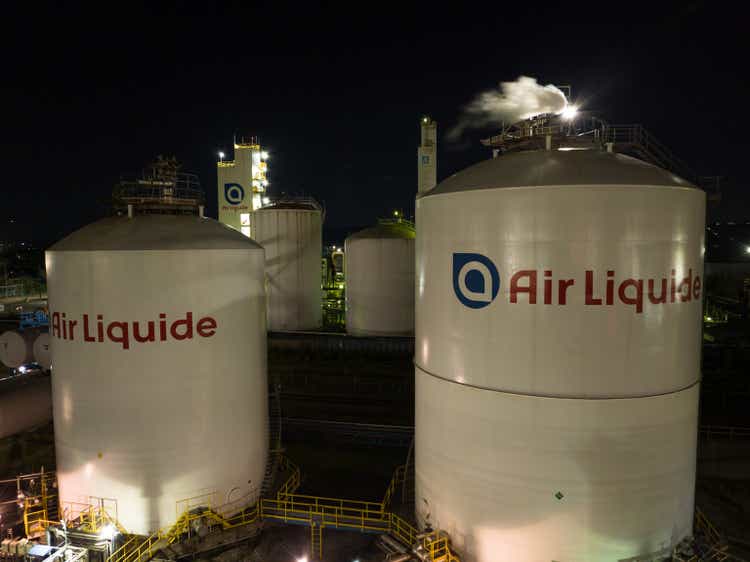An aerial view of Air Liquide storage tanks seen at night.