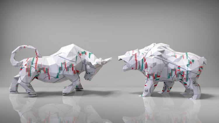 Bull and Bear Financial Strategies. Concept of stock market exchange or financial. 3d illustration of polygon bull and bear