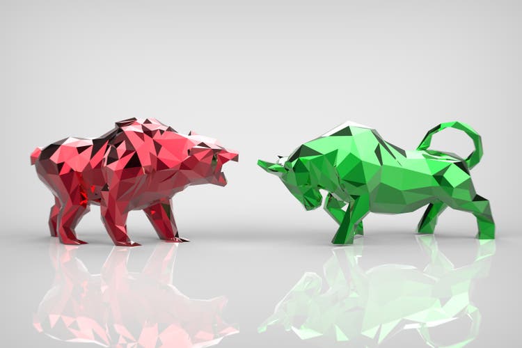 Bull and Bear Financial Strategies. Concept of stock market exchange or financial. 3d illustration of polygon bull and bear