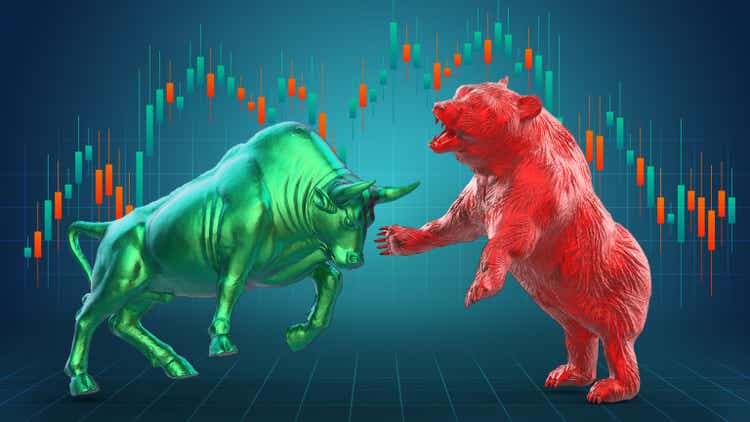 Bull and bear combined with candlestick. 3d illustration of stock market exchange or financial
