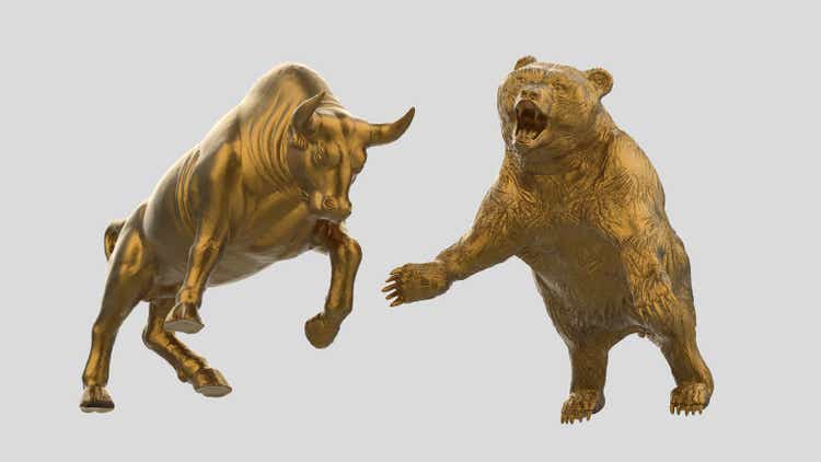 Golden bull and bear on white background. 3D illustration