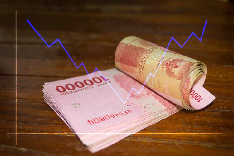 One hundred thousand rupiah with a blue line chart