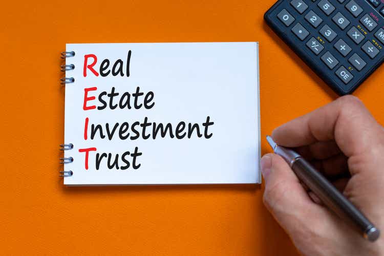 REIT real estate investment trust icon.  Word real estate investment trust REIT concept on notes on beautiful orange background.  Business REIT real estate investment trust concept.