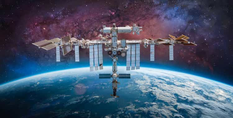 International Space Station. Spaceship in space. The International Space Station is close to Earth. Elements of this image courtesy of NASA