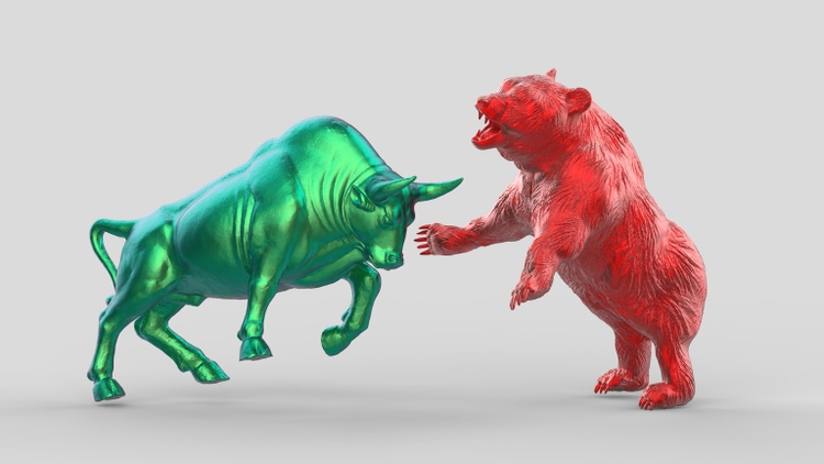 Taurus and fighting fight against a white background. The concept of stock marketing or financial market. 3D clarification