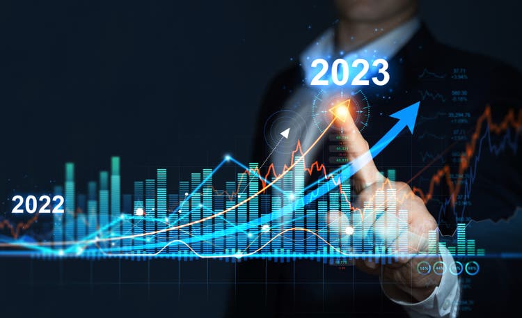 Business increase arrow graph corporate future growth year 2022 to 2023. Planning,opportunity, challenge and business strategy.