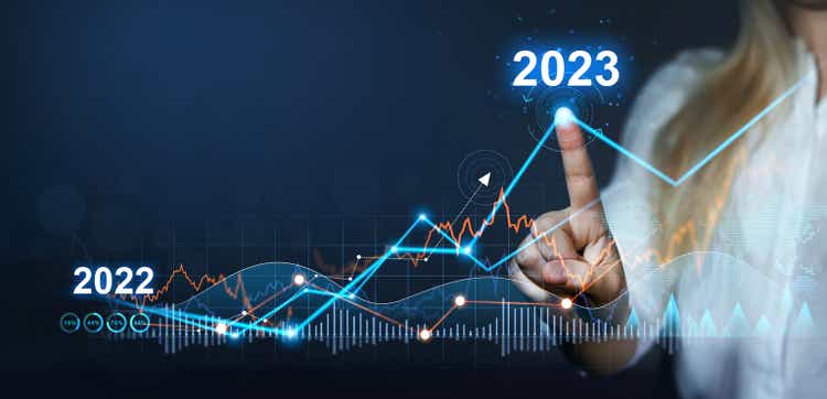 Business increase arrow graph corporate future growth year 2022 to 2023. Planning,opportunity, challenge and business strategy.