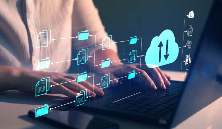 Exchange information and data with internet cloud technology.FTP(File Transfer Protocol) files receiver and computer backup copy. File sharing isometric. Digital system for transferring documents