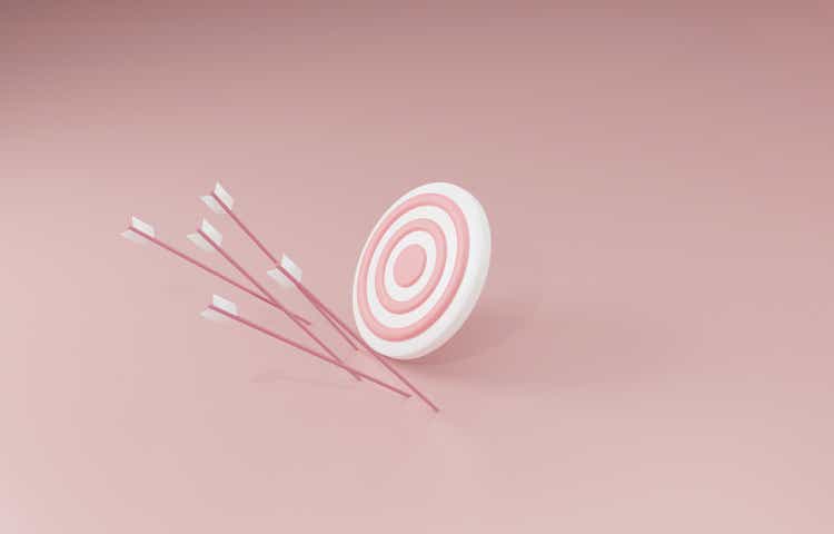 Pfeile verfehlen das Ziel des Bogenschießens, das Geschäft scheitert, verpasste Gelegenheit, ineffizientes Arbeitskonzept, 3D-Illustration.