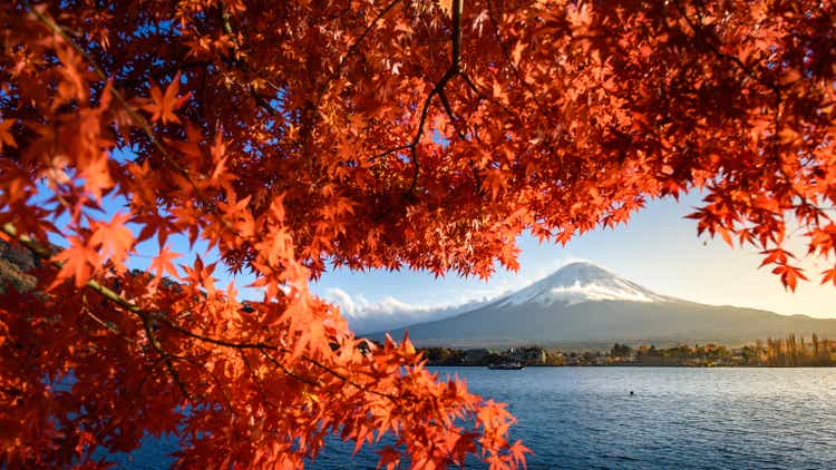 colorful Autumn Season and Mountain Fuji with morning fog and red leaves at lake Kawaguchiko