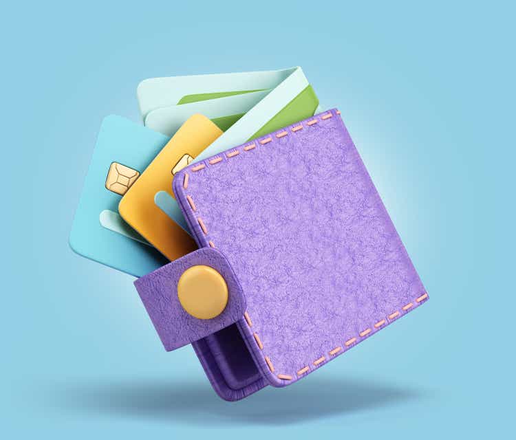 Сoncept of accumulation of funds in the wallet with credit card and bills 3d render illustration on blue background