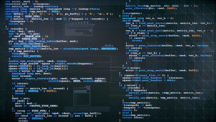 Multi-colored programming language source code design example. Front view composition, on a dark blue surface with triangle grid pattern overlay and GUI.