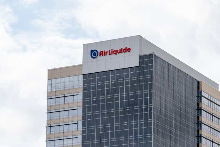 Air Liquide's sign on its office building in Houston, Texas, USA.