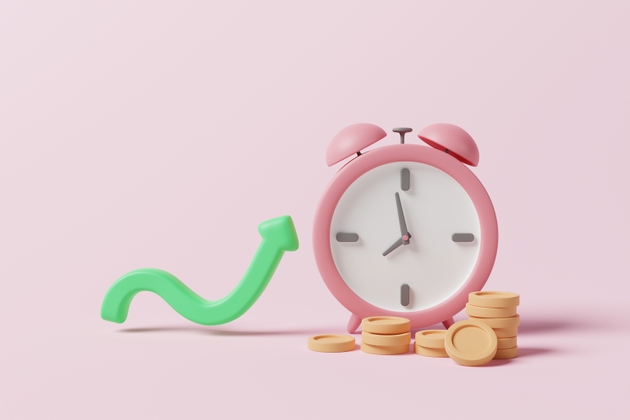 Increasing growth arrow with money coins and clock on pink background. Investment profit, payday concept. 3d rendering