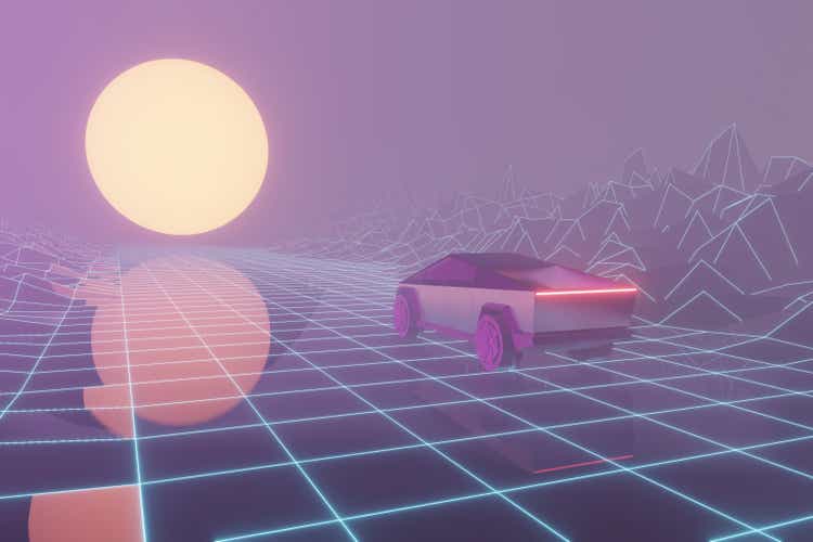 Synthwave wireframe 80s retro background.Retrowave horizon landscape with neon lights and low poly terrain.3 3d rendering illustration. Abstract creative futuristic background.