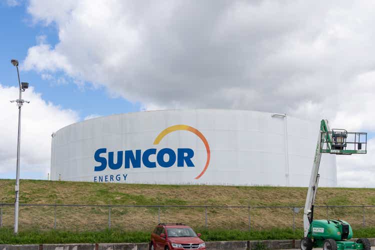The Suncor Energy sign on the tank at their terminal in Toronto, ON, Canada.