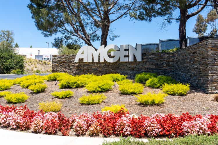 Amgen sign at its headquarters in Thousand Oaks, California, USA.