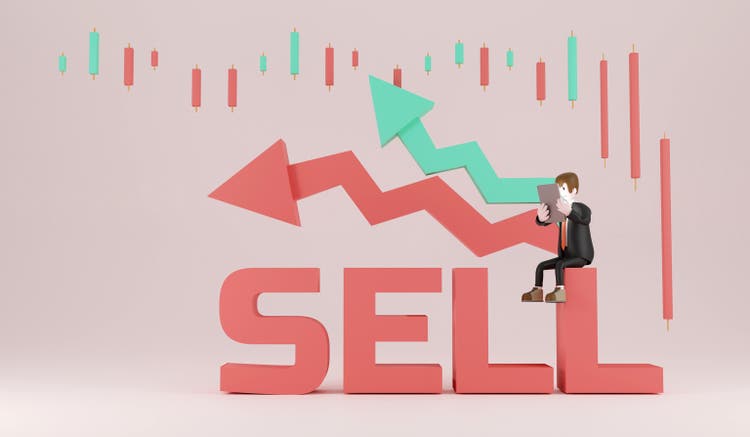 Businessman with coins and arrow to down trend.3D rendering