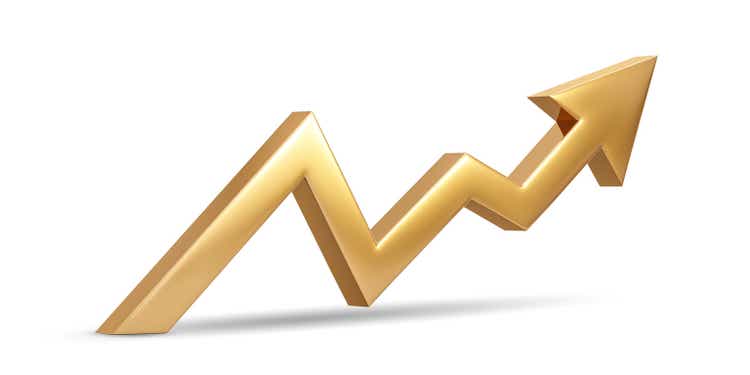 Gold up arrow success isolated on white 3D background with growth direction graph graph symbol or gold economy stock profit chart icon element and investment financial achievement market target.