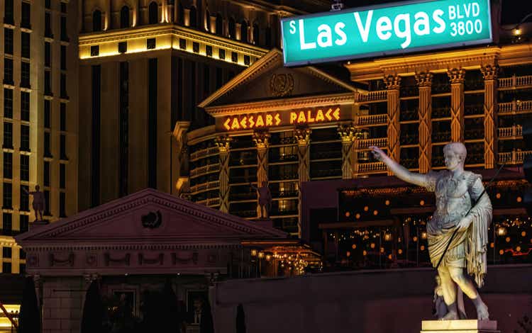 The Illuminated Gardens of The Romanesque Caesars Palace Las Vegas Hotel and Casino on The Strip, Las Vegas, Nevada, USA