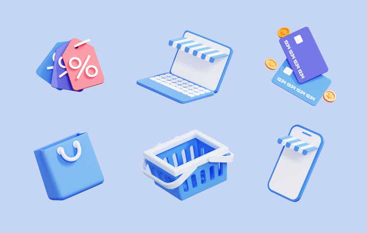 3D Online shopping icon set. Discount coupon, laptop, credit card, shopping bag, basket and mobile phone. Sale and purchase concept. Creative cartoon design collection isolated on blue. 3D Rendering