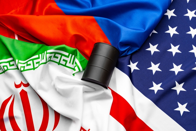 Flags of Iran, USA and Russia together with oil barrel. Oil embargo, oil crisis concept