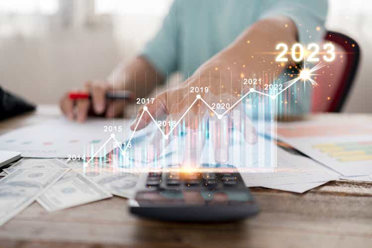 Businessman presses a calculator to analyze investment calculations. growth chart graph diagram Income plan investment cash money