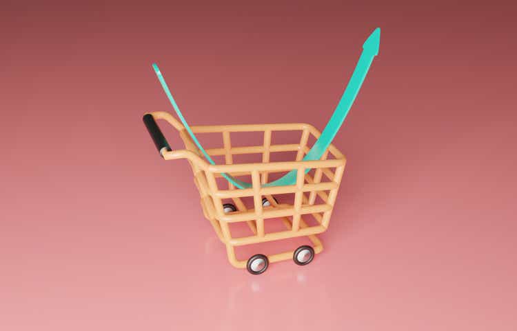 Bounced arrow in shopping cart, buy the dip or trading strategy to purchase stock when price is down, 3D illustration.