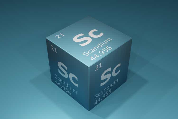 Scandium, 3D rendering of symbols of the elements of the periodic table, atomic number, atomic weight, name and symbol. Education, science and technology. 3D illustration