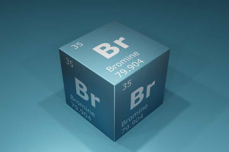 Bromine, 3D rendering of symbols of the elements of the periodic table, atomic number, atomic weight, name and symbol. Education, science and technology. 3D illustration