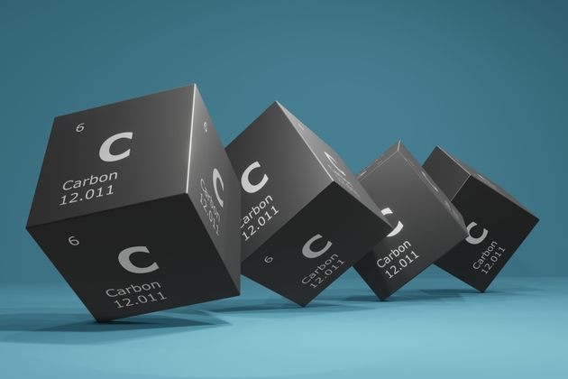 3D illustration of carbon, chemical element of the periodic table. Education, science and technology background