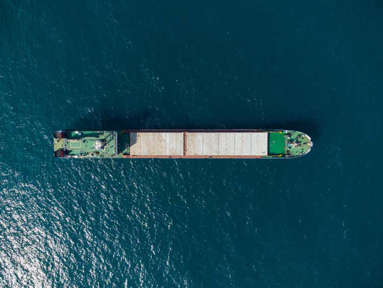 Aerial drone view of the cargo ship bulk carrier