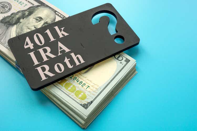 Stack of cash and plate with words 401k, IRA and Roth retirement plans.