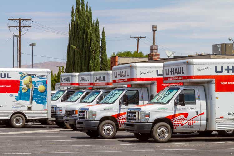 A fleet U-Haul cargo vans