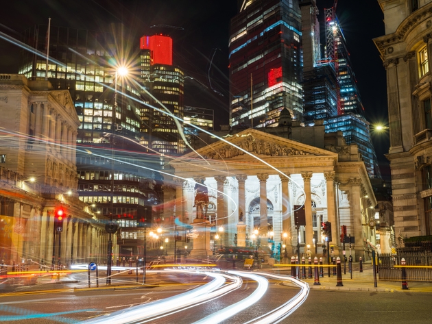 City of London Bank of England overlooked by skyscrapers night