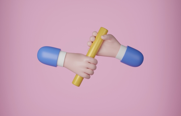 Business hand passing baton, job handover or partnership for business success concept, 3D render illustration.
