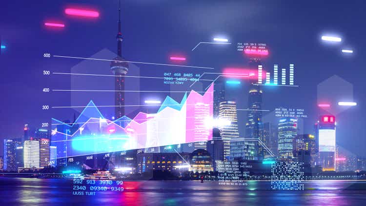 Stock exchange market and investment, blockchain crypto currency finance stock price graph chart with business district city building background